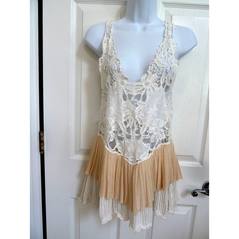 Free People Crochet Lacy Top Boho Hippie Tiered Forest Fairy Beige XS